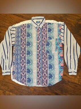 Vtg 90s Retro Bugle Boy Mixed Media Shirt Small Maximalist Tribal Floral Street